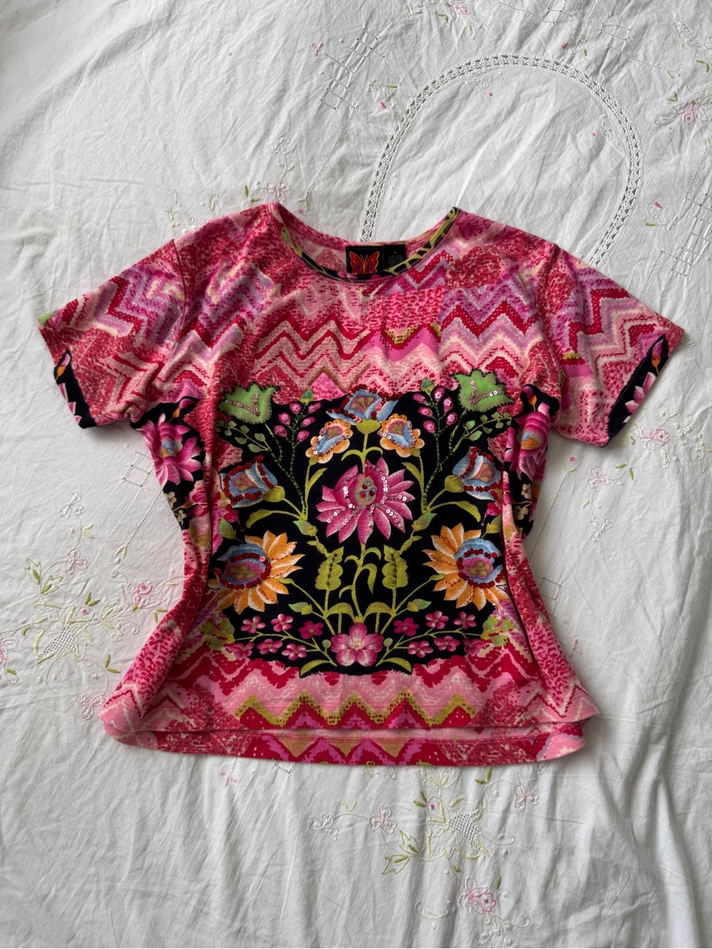 Naked Underneath Y2K Pink Zigzag Floral Beaded Graphic Top Size M